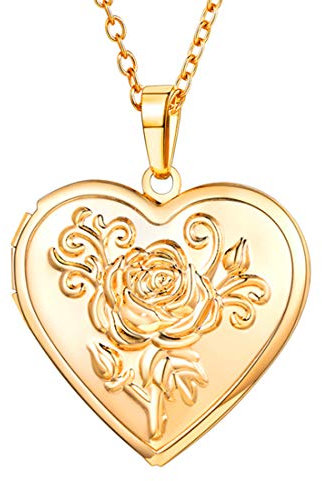 U7 Personalised Heart Locket Rose Gold Flower Womens Necklace Women Dainty Jewellery Gifts for Her Girlfriend Custom