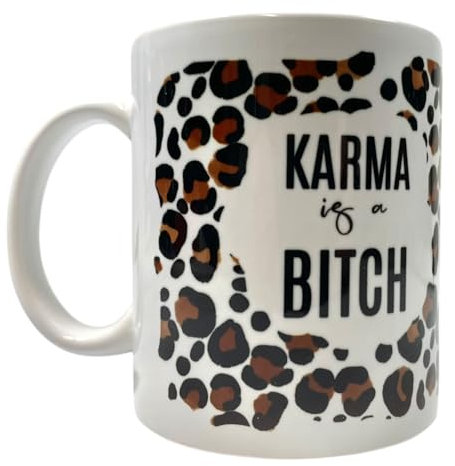 Tasse ‚Karma is a Bitch‘ Leopardmuster Leo Spruch Kaffeebecher Geschenk