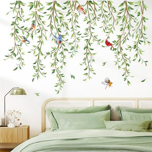 wondever Adesivi Murali Vite Appesa Foglia Verde Sticker da Muro Piante Uccelli sul Ramo Albero Adesivi da Parete per Camera da Letto Ufficio