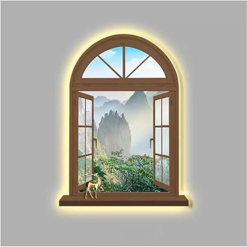 Paesaggio Murale Lampada da parete, Sculture da parete Arte da appendere alla parete con luce a LED, cornice di finestra finta Vista della luce del sole sul paesaggio collinare, decorazioni Lampada Pi