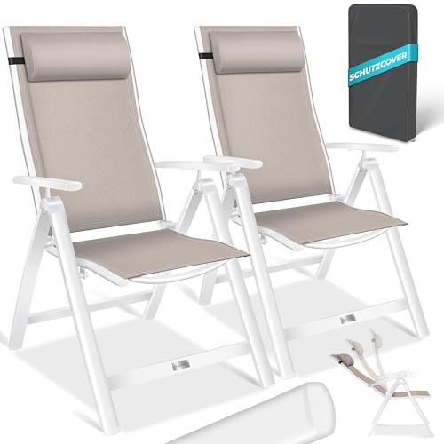 KESSER® Gartenstuhl Hochlehner mit Armlehnen 2er Set Aluminium Klappstuhl mit Kopfkissen & Abdeckung Campingstuhl 7-Fach Verstellbar Rückenlehne Atmungsaktiv Wetterfest Klappbar Anti-Rutsch, Taupe