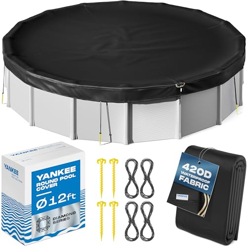 Yankee Diamond Series Poolabdeckungen für oberirdische Pools | Allwetterfeste, winddichte, leichte 3,6 m runde Poolabdeckung mit 4 Schraubheringen, 4 Seilen | 3 Befestigungsmethoden, starke