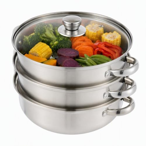 3-Lagen 28cm Steamer Dampfkocher, Handles Steamery Dampftopf Stapelbarer Dampfgarer Topf mit Glasdeckel für Zuhause Kochgeschirr Dampfgarer edelstahl für Gas-, Elektro-, Induktions