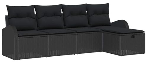 vidaXL Garten-Sofa-Set mit Kissen 5 pcs Schwarz Poly Rattan, Garten und Terrasse, Modulares Outdoor-Sofa-Set, robuster Loungesitz, wetterfest, verstellbare Füße, vielseitige Möbel
