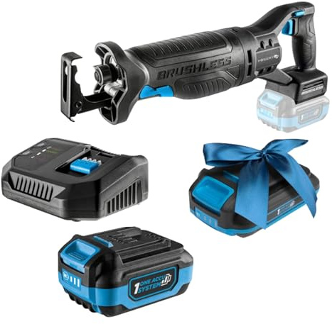 HÖGERT TECHNIK Akku-Säbelsäge Set, 18V Bürstenlos, inkl. 4.0Ah Akku und Schnellladegerät, 0-3000 U/min, 28mm Sägeblatthub, Metallgetriebe, Anti-Vibrationsgriff + PROMO 2,0 Ah Akku
