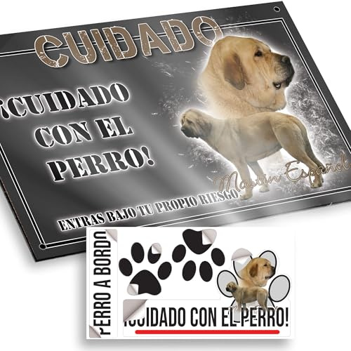 Mastín Español Cuidado con el Perro Cartel 15x9,5cm - Diseño Antracita Dibond con Pegatina Coche - Cuidado Perro