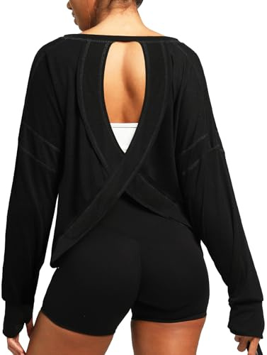 Navneet Women Backless Gym Tops Workout Oversized Gym T Shirts Pilates Tops Thumb Holes Long Sleeve Yoga Top Running Sports