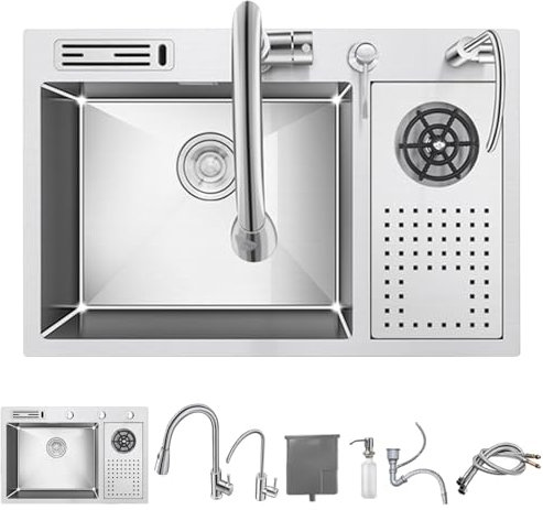 XDCXYD Fregadero De Barra Fregadero De Cocina De Un Solo Seno Lavabo De Acero Inoxidable con Lavaplatos Kit De Drenaje(70 * 46cm)