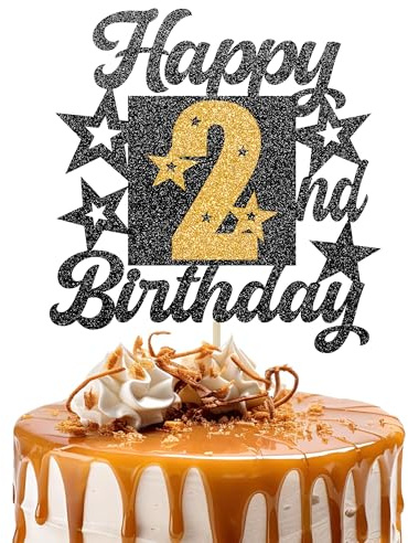 Happy 2nd Birthday Cake Topper - Cheers to 2 Years Black Gold Glitter - 2 & Fabulous Cake Decoration - Kids Birthday Cake Topper for Girls or Boys - Party Supplies