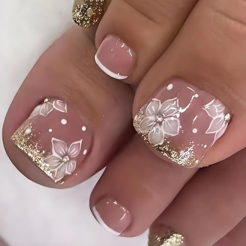 24Pcs White French Tip Press on Toenails – Short Square Fake Toe Nails with 3D Flower & Glitter Rhinestones, Full Cover ABS Stick-on Toenail Kit with Jelly Adhesive Tabs, Easy Application