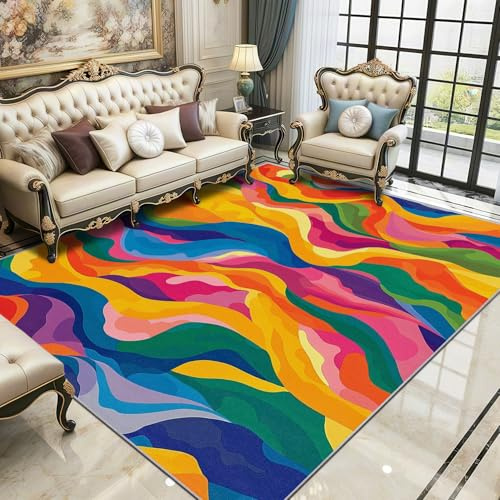 TerroVee Bunt Teppich Waschbar, 70er Jahre Retro Wellenmuster Teppich 80x150 cm, Regenbogen Abstrakt Wellen rutschfest Waschbar Pflegeleicht Teppiche Für Schlafzimmer Küche, Bunt