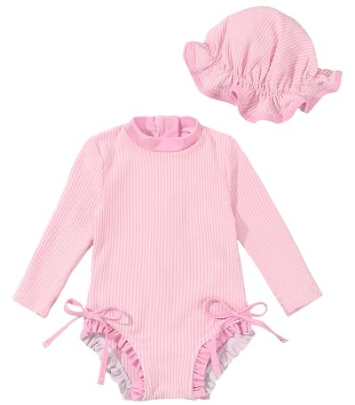 JiAmy Baby Badeanzug Mädchen mit Sonnenhut Langarm UV Schutz Badebekleidung Für Baby-Mädchen Bademode Schwimmanzug