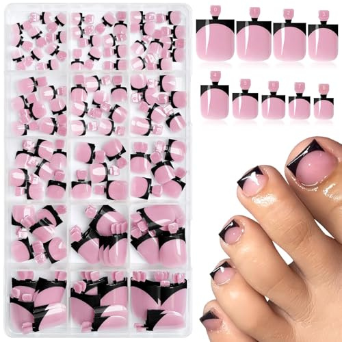 BelleFlair 150 Pcs Press on Toe Nails, Black French Tip False Toe Nails, Short Square Fake Toenails, False Toenails Full Cover Stick on Tips 15 Sizes for Women(Berry Pink Base)