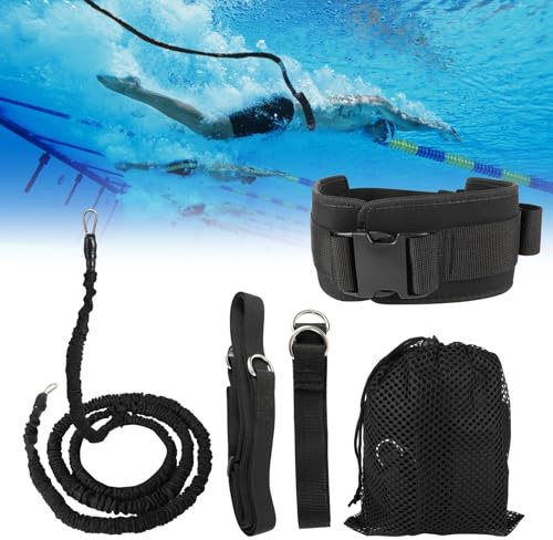 Swim Training Belt 2.5-7.5 m, Stationary Swimming Tether, Swim Bungee Cords Resistance Bands with Adjustable Belt & Stationary Harness, Swimming Aids for Adults and Kids