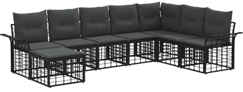 vidaXL Outdoor-Sofagarnitur 8 pcs Schwarz und Dunkelgrau Polyester, Stylisches Outdoor-Sofa-Set, wetterfestes Design, verstellbare Fußpolster, Bequeme Garten-Landschaft