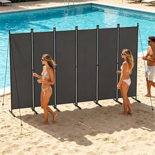 UISEBRT Paravent Outdoor wetterfest mit Heringen und Abspannleinen,300 x 180 cm Klappbar Freistehend Trennwand ohne Bohren,mobiler sichtschutz für Garten Balkon terrasse,6 Teilig Dunkelgrau
