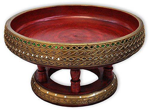 Wilai Asiatische Dekoschale, Obstschale aus Holz, rot-altgold mit Ornamenten und Spiegelsteinen, in verschiedenen Größen erhältlich (19195-38cm)