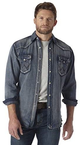 Wrangler Men's Cowboy Cut Western Long Sleeve Snap Work Shirt Washed Finish Shirt, Antique Blue, XL