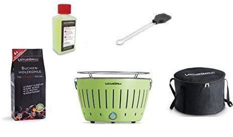 LotusGrill - Set per Principianti, 1 Verde Lime, 1 carbonella di faggio da 1 kg, 1 Pasta combustibile da 200 ml, 1 Pennello da marinatura Grigio Antracite, 1 Borsa per Il Trasporto
