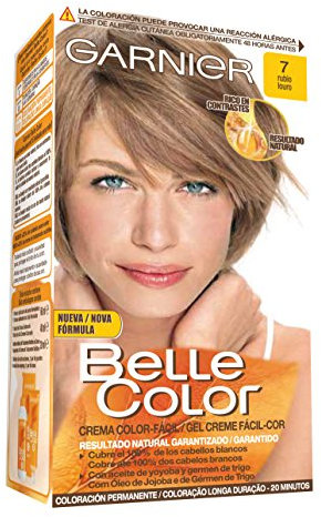 Garnier Belle Color Coloración de aspecto natural y cobertura completa de canas con aceite de jojoba y germen de trigo - Tono: Rubio 7 (paquete de 3), embalaje puede variar