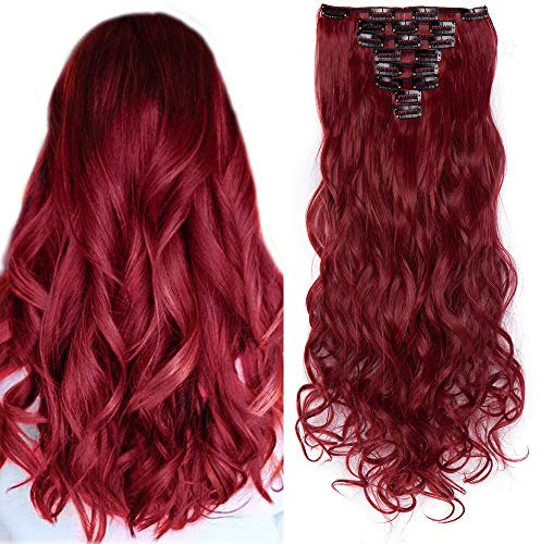 SEGO Clip in Extensions 8 Teiliges Set Haarverlängerung Haarteil wie Echthaar gewellt Maroon Mix Dunkelrot 24(61cm)