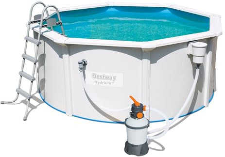 Bestway Hydrium Piscine 300 x 120 cm, Cap. 7 630, Filtre à Sable 58397 (2 006 Lt/H). Comprend : Tapis de Base, Skimmer Professionnel, échelle de sécurité et DVD, Blanc