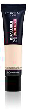 L'Oréal Paris Infaillible 24H Matte Cover 90 Porcelaine Rose/Rose Porcelain, langanhaltendes Flüssig-Make-up, hohe Deckkraft, wasser- und wischfest