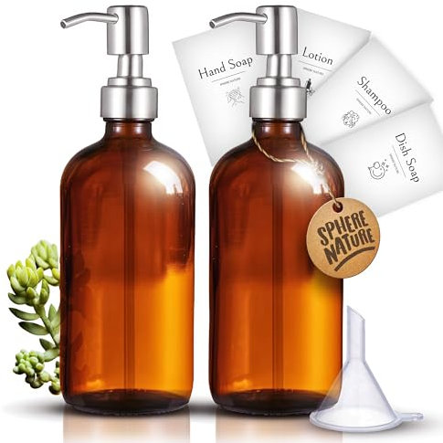 Botella de Cristal ámbar Vidrio clasicá con Bomba de vacío | Juego de 2 | Tapa de Acero Inoxidable | 500 ML | Dispensador para jabón líquido Gel champú Aceite Esencial loción | Reciclable | Sin BPA