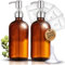 Flacon Pompe Vide Verre 500ml Ambre Vintage | Lot de 2 + Entonnoir | INOX Brossé | Marque Française | Distributeur Savon Gel Hydroalcoolique Liquide Vaisselle Shampoing | Cuisine Qualité Supérieure
