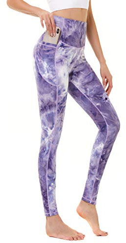 AMYTIS Sport Leggings Damen High Waist Yogahose mit Taschen Lang Sporthose Blickdicht Leggins Fitness Bunt Sportleggins,M Violett