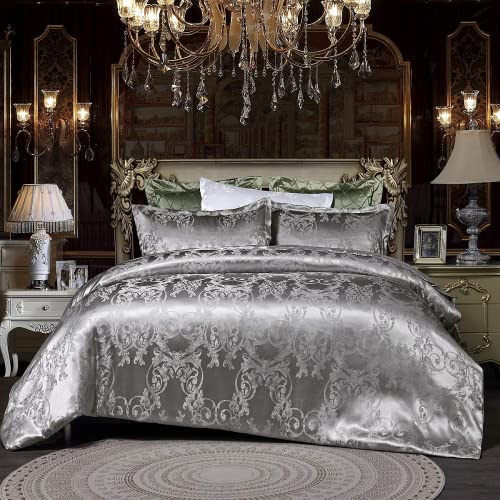DXHOME Bettwäsche Satin 220x240cm Jacquard Silber Wendebettwäsche Microfaser Grau Seide 3 TLG 100% Atmungsaktive Angenehme für Heiße Tage im Sommer Graue Blumen Bettbezug Set Doppelbett