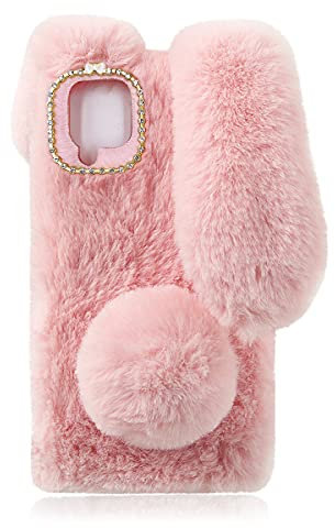 Mikikit Flauschige Plüschhülle für A12/ /F12, Süßer Hase Pelzige Mädchen Cover 3D Tier Fuzzy Schutzhülle Kaninchen Haar Kawaii Spielzeug Spaß Frauen Telefon Shell für F12 Rosa
