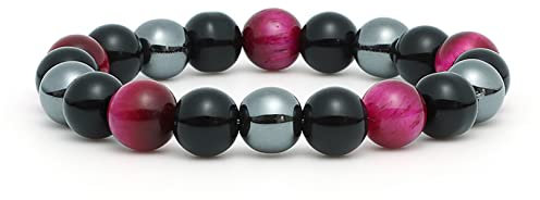 Bracciale a tripla protezione, Bracciale in pietra con occhio di tigre rosa, Bracciale con pietre preziose di ossidiana, Bracciale con perline tricolore da 10 mm, Bracciale con perline in magnetite