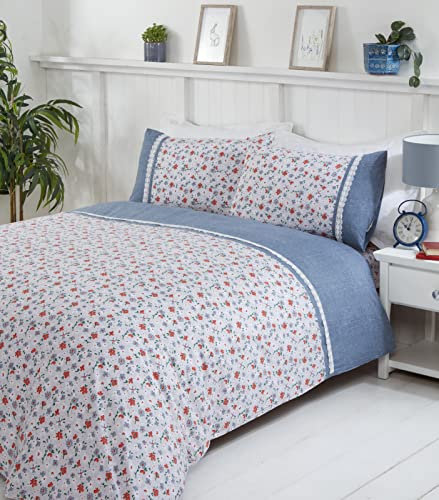 Rapport Home Penelope Bettbezug-Set mit floralem Spitzenbesatz (Einzelbett, Blau)