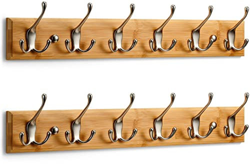 LARHN Garderobenhaken Holz (2 Stück) - Garderobenleiste Holz mit 6 Haken in Nickel Matt - 59 cm - Kleiderhaken Wand - Wandgarderobe für Flure, Garderoben, Schlafzimmer und Badezimmer