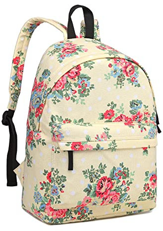 Kono Women Casual Daypack Backpack for Teenagers Students Girls Rucksack All-Over Flowers Polka Dots Printed Canvas School Bag Bookbag with Front Pocket