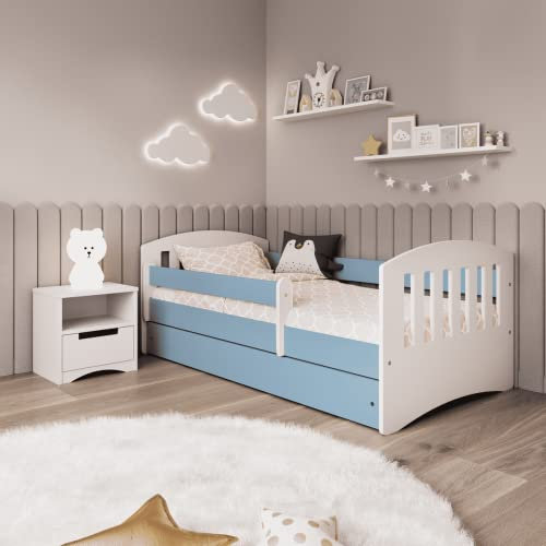 Kids Collective Kinderbett 80x160 cm | 80x180 cm mit Matratze, Rausfallschutz, Lattenrost & Schublade in blau 80x180 Mädchen Jungen Bett Skandi Jugendbett | von 3. bis 12. Lebensjahr