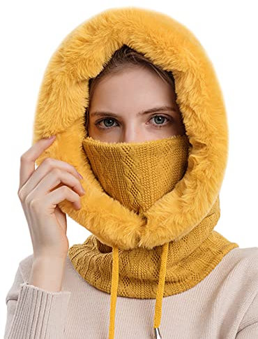 FEOYA Gestrickte Sturmhaube für Damen Fleece-Kapuze Wintermütze mit Hals- und Gesichtsbedeckung Maskenwärmer dicke Wintermütze für Outdoor-Fahrradfahren und Skifahren gelb