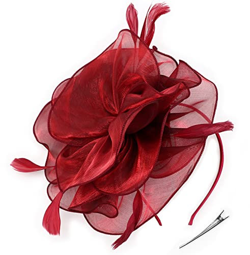 DRESHOW Damen Fascinators Hut Cocktail Party Tee Kopfbedeckung Blume Mesh Organza Bänder Federn auf Einem Stirnband