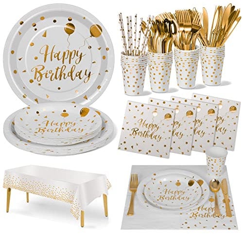 Nkaiso Compleanno Stoviglie Bianco Oro 161 Pezzi Carta Set Include Piatti Tovaglioli Tazze Adatto a Tutti i tipi di Feste a Tema(20 Ospiti)