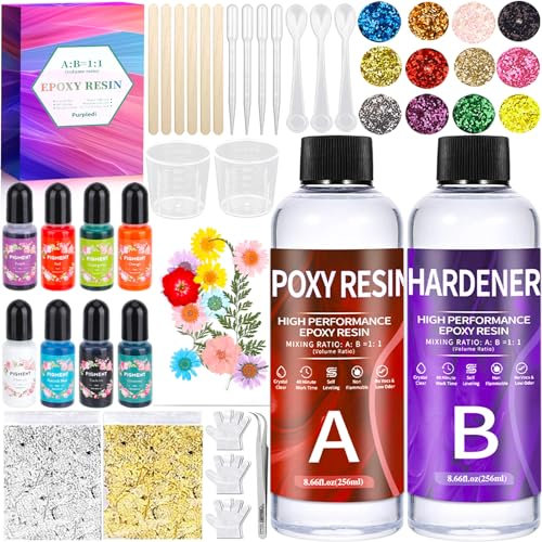 Purpledi Epoxidharz Set Anfänger 510ml, 1:1 Verhältnis Glasklar Resin harz Gießen Set Mit Epoxidharz Zubehör, Glitzer, holzstäbchen, messbecher, für Kunstprojekt, schmuckherstellung, Handwerk
