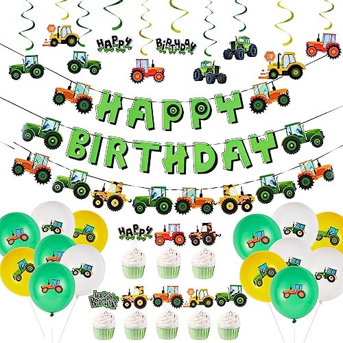 SUNBEAUTY 74PCS Farm Green Tractor Themed Party Supplies Balloon Garland Kit Tractor With Happy Birthday Banner,Tractor Garland, Swirls,Cupcake Toppers Kids Birthday Decoration (LSTLJSR)