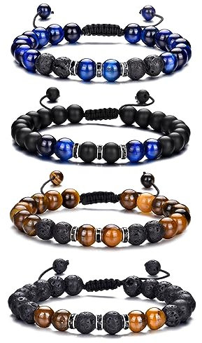 RANKEEF Perlenarmband Herren, 8 mm Perlenarmbänder Set, Stretch-Armbänder, Verstellbares Schwarzes Kristall-Perlenarmband