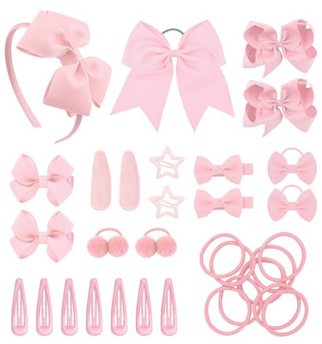 SKHAOVS 33 Stück Rosa Schleife Haarschmuck Set, Haargummis Mädchen Kleine Elastische Haargummi Stirnband Schleifen Band Kinder Mini Haarband Soft (Rosa)