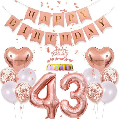 Conruich Deko 43. Geburtstag Frau, Rosegold Tortendeko Geburtstag 43 Jahre Mann, Geburtstagsdeko 43 Jahre, Rosegold Ballon 43 Geburtstags Mädchen, Happy Birthday Banner Deko 43 Geburtstags Frauen