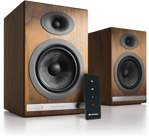 Audioengine Altavoces inalámbricos HD5, Bluetooth, 150 W, Nuez, par | De estantería alimentados, aptX-HD, AUX, óptico, RCA, DAC de 24 bits