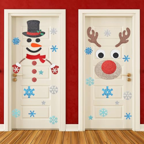 UPINS 6 fogli di adesivi natalizi per porte, decorazioni natalizie, pupazzo di neve, alce, grandi per porte, finestre, pareti, garage, frigorifero, decorazioni per feste di Natale