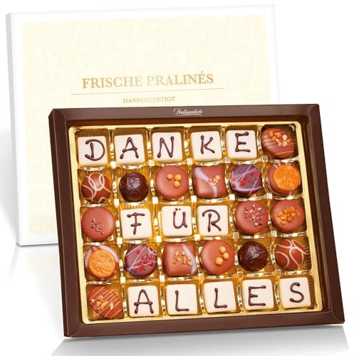 Pralinenbote Genussmanufaktur - DANKE FÜR ALLES | Pralinen-Dankesbotschaft in der großen Geschenkbox | 30 beliebte Pralinen der Premiumklasse | 395g | Das exquisite Dankeschön