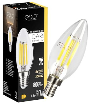 EDO Dekorative Glühbirne LED DARI E14 Filament 6,5W Warmweiß 3000K 806lm CLEAR C35 Leuchtmittel Energiesparlampe Lampe Dekorative Ideal für Retro- und Industrial-Design