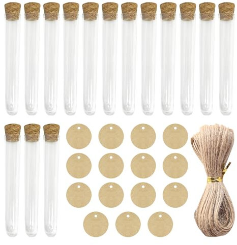 15 Stück Kunststoff-Reagenzgläser Mit Korken, 15 Stück Hängeetiketten Mit Bindfaden, Transparente Blumenflaschen, Geeignet Für Die DIY-Produktion (12 X 75 Mm).